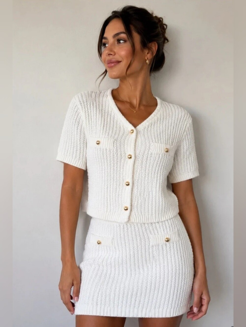 French Connection Womens Suze Medium Cream Knit Short-Sleeve & Skirt Set